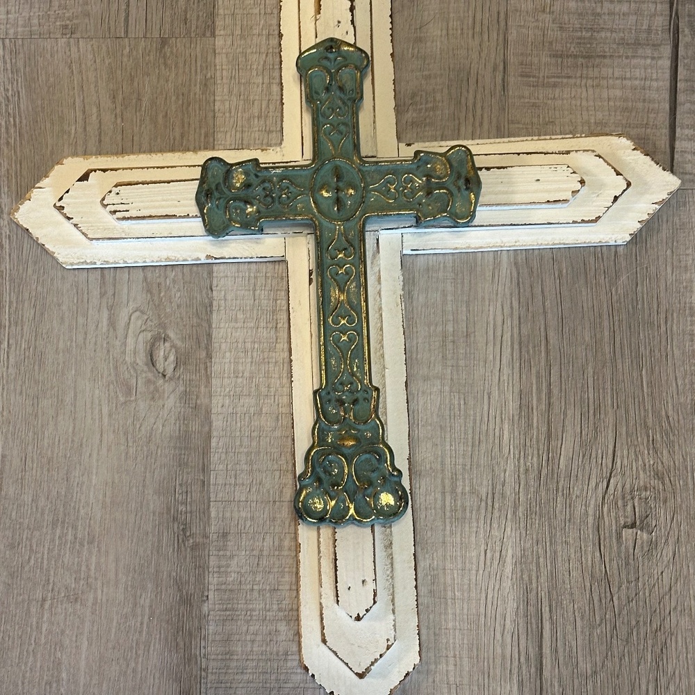 Wooden Cross with turquoise cross in center